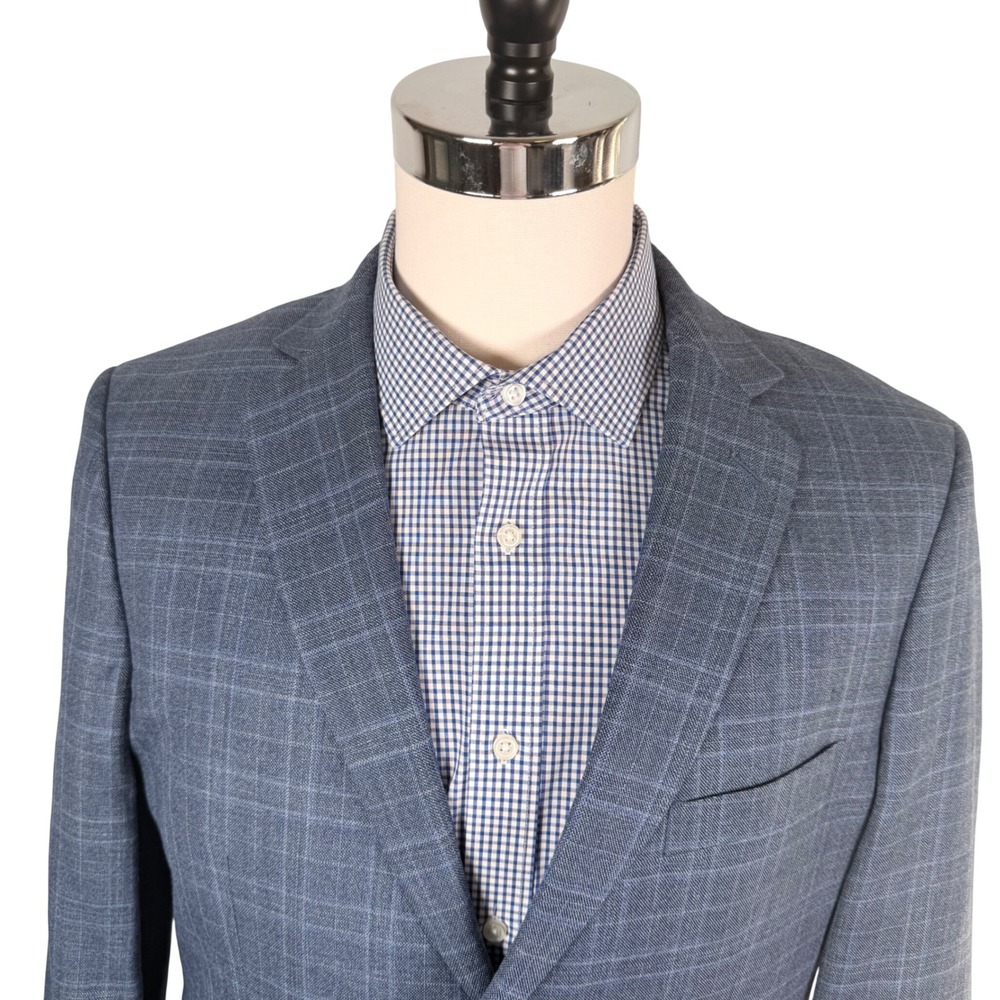Pronto Uomo Platinum Men 42S Short Blue Plaid Check Wool Blend Sport Coat Blazer